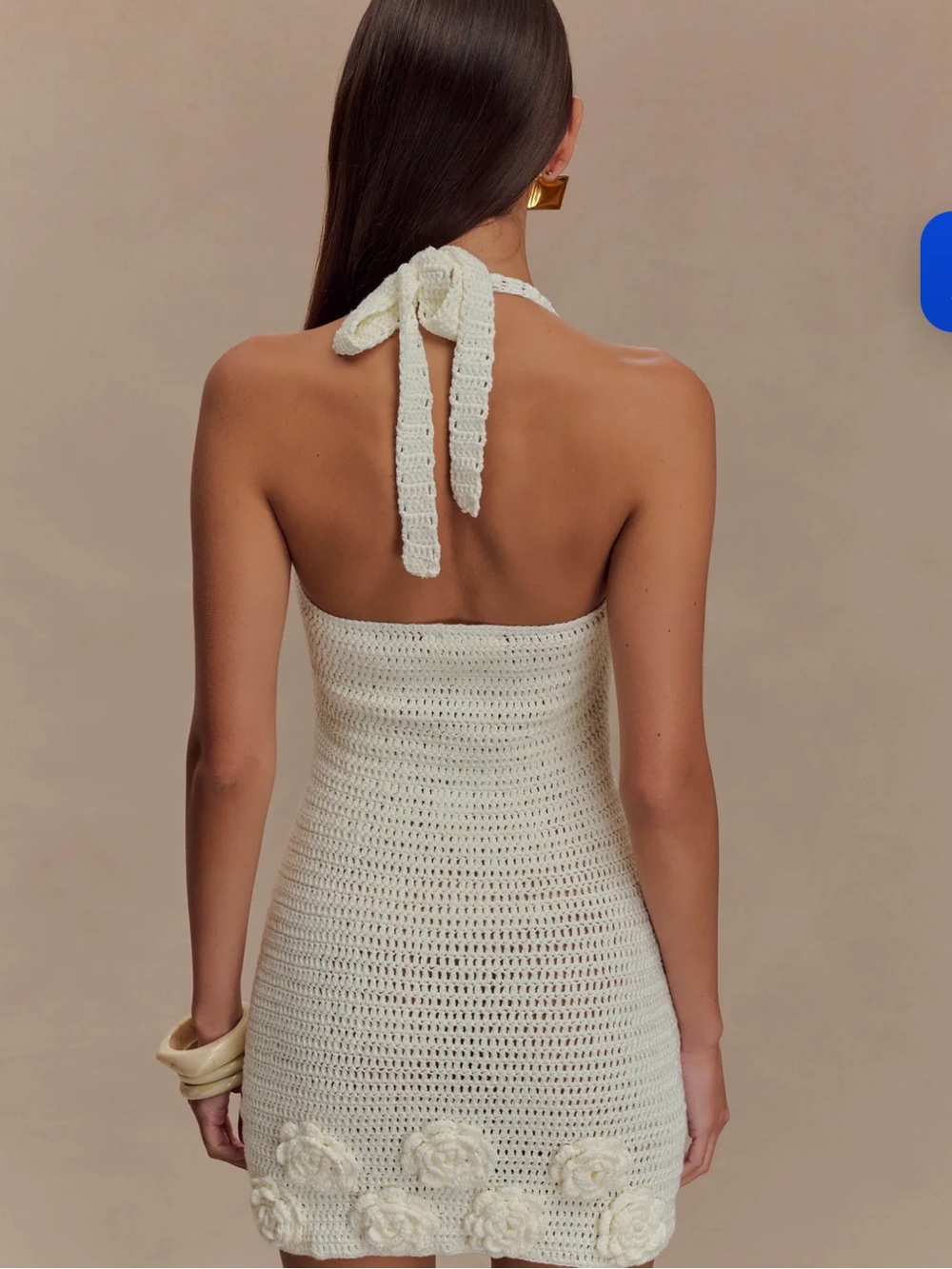 Meshki Cream Crochet Halter Mini Dress with Floral Appliqués - Picture 2 of 6